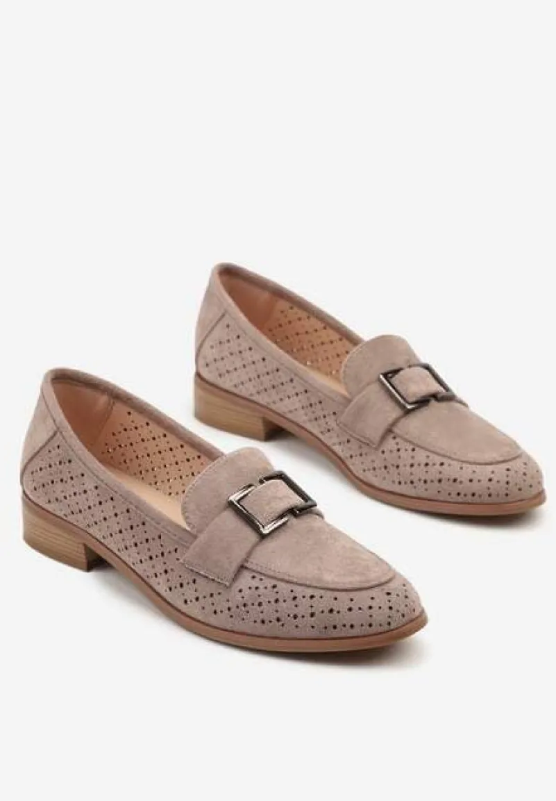 Ciemnobeżowe Mokasyny ze Skórzaną Wkładką i Aplikacją Meratheia