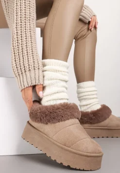 Ciemnobeżowe Śniegowce na Grubej Podeszwie z Ociepleniem z Futerka Tirisha