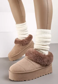 Ciemnobeżowe Śniegowce na Grubej Podeszwie z Ociepleniem z Futerka Tirisha