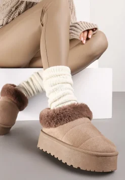 Ciemnobeżowe Śniegowce na Grubej Podeszwie z Ociepleniem z Futerka Tirisha