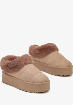 Ciemnobeżowe Śniegowce na Grubej Podeszwie z Ociepleniem z Futerka Tirisha