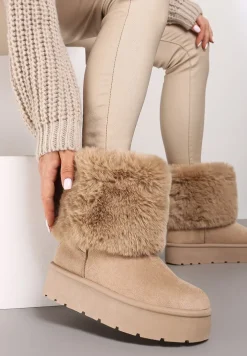 Ciemnobeżowe Śniegowce na Grubej Podeszwie Ozdobione Futerkiem Naolani