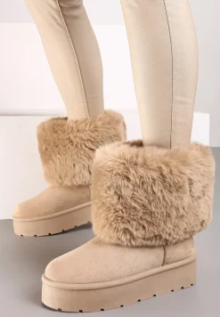 Ciemnobeżowe Śniegowce na Grubej Podeszwie Ozdobione Futerkiem Naolani