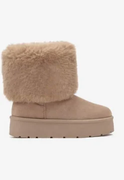 Ciemnobeżowe Śniegowce na Grubej Podeszwie Ozdobione Futerkiem Naolani