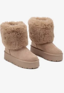 Ciemnobeżowe Śniegowce na Grubej Podeszwie Ozdobione Futerkiem Naolani