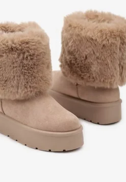 Ciemnobeżowe Śniegowce na Grubej Podeszwie Ozdobione Futerkiem Naolani