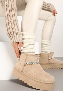 Ciemnobeżowe Śniegowce na Grubej Podeszwie z Ekozamszu Ozdobione Cyrkoniowym Łańcuszkiem Ninnalith