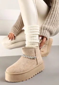 Ciemnobeżowe Śniegowce na Grubej Podeszwie z Ekozamszu Ozdobione Cyrkoniowym Łańcuszkiem Ninnalith