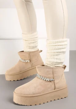 Ciemnobeżowe Śniegowce na Grubej Podeszwie z Ekozamszu Ozdobione Cyrkoniowym Łańcuszkiem Ninnalith