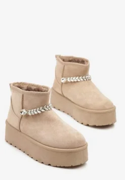 Ciemnobeżowe Śniegowce na Grubej Podeszwie z Ekozamszu Ozdobione Cyrkoniowym Łańcuszkiem Ninnalith