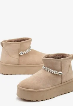 Ciemnobeżowe Śniegowce na Grubej Podeszwie z Ekozamszu Ozdobione Cyrkoniowym Łańcuszkiem Ninnalith