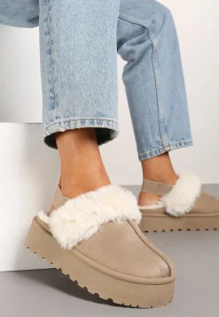 Ciemnobeżowe Śniegowce na Niskiej Platformie z Odkrytą Piętą i Futrzanym Zdobieniem Virezi