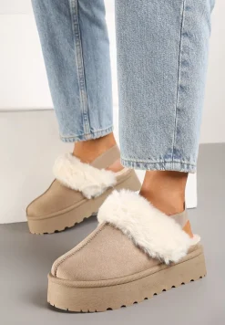 Ciemnobeżowe Śniegowce na Niskiej Platformie z Odkrytą Piętą i Futrzanym Zdobieniem Virezi