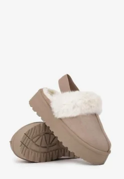 Ciemnobeżowe Śniegowce na Niskiej Platformie z Odkrytą Piętą i Futrzanym Zdobieniem Virezi