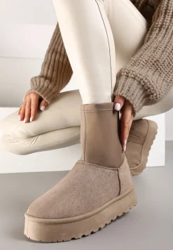 Ciemnobeżowe Śniegowce na Niskiej Platformie Wyściełane Futrem Nikisya