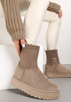 Ciemnobeżowe Śniegowce na Niskiej Platformie Wyściełane Futrem Nikisya