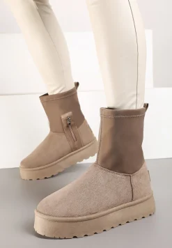 Ciemnobeżowe Śniegowce na Niskiej Platformie Wyściełane Futrem Nikisya