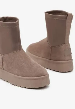 Ciemnobeżowe Śniegowce na Niskiej Platformie Wyściełane Futrem Nikisya