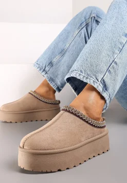 Ciemnobeżowe Śniegowce na Platformie z Ozdobnym Paskiem Lotiara