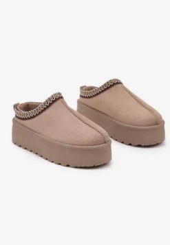 Ciemnobeżowe Śniegowce na Platformie z Ozdobnym Paskiem Lotiara