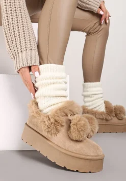 Ciemnobeżowe Śniegowce na Platformie z Pomponami i Ozdobnym Sztucznym Futerkiem Iriviane