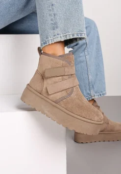 Ciemnobeżowe Śniegowce na Platformie z Zapięciem na Rzep Tarimelle