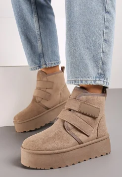 Ciemnobeżowe Śniegowce na Platformie z Zapięciem na Rzep Tarimelle