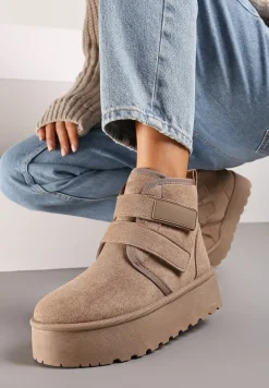 Ciemnobeżowe Śniegowce na Platformie z Zapięciem na Rzep Tarimelle