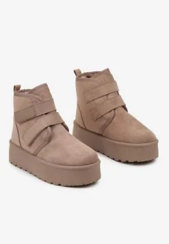 Ciemnobeżowe Śniegowce na Platformie z Zapięciem na Rzep Tarimelle