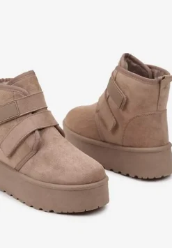 Ciemnobeżowe Śniegowce na Platformie z Zapięciem na Rzep Tarimelle