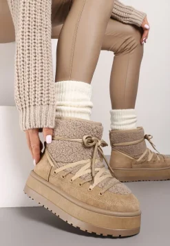 Ciemnobeżowe Śniegowce na Platformie Wykończone Sztucznym Futerkiem Terilani