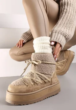 Ciemnobeżowe Śniegowce na Platformie Wykończone Sztucznym Futerkiem Terilani