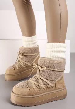 Ciemnobeżowe Śniegowce na Platformie Wykończone Sztucznym Futerkiem Terilani