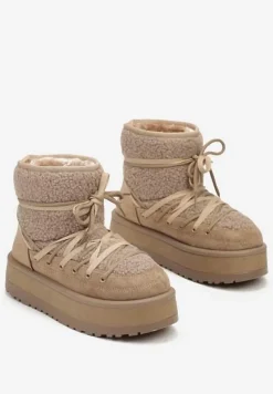 Ciemnobeżowe Śniegowce na Platformie Wykończone Sztucznym Futerkiem Terilani