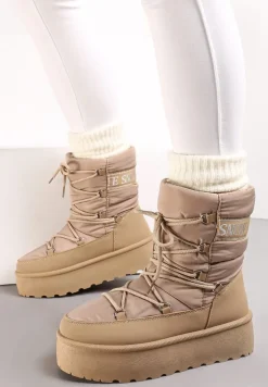 Ciemnobeżowe Śniegowce na Platformie z Ozdobnym Wiązaniem Zingie