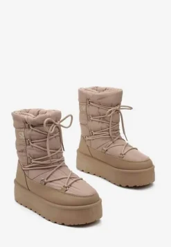 Ciemnobeżowe Śniegowce na Platformie z Ozdobnym Wiązaniem Zingie