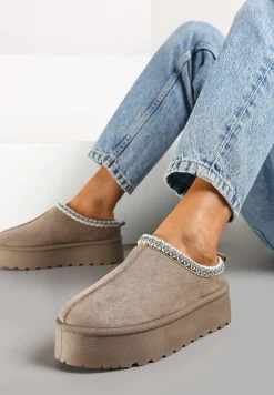 Ciemnobeżowe Śniegowce na Platformie z Niską Cholewką i Haftowanym Wzorem Zivilae