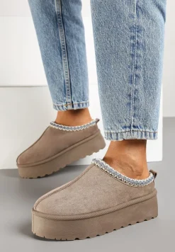 Ciemnobeżowe Śniegowce na Platformie z Niską Cholewką i Haftowanym Wzorem Zivilae