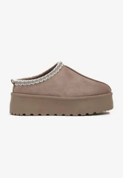 Ciemnobeżowe Śniegowce na Platformie z Niską Cholewką i Haftowanym Wzorem Zivilae