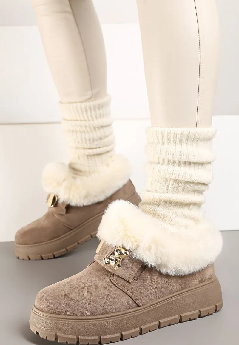 Ciemnobeżowe Śniegowce na Platformie Ozdobione Aplikacją 3D i Futrem Cediona