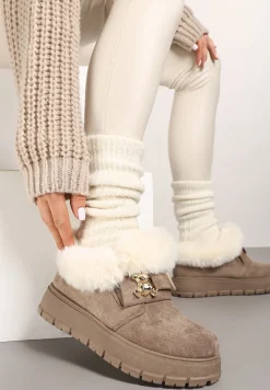 Ciemnobeżowe Śniegowce na Platformie Ozdobione Aplikacją 3D i Futrem Cediona