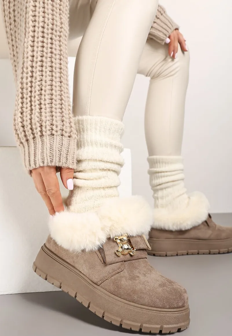 Ciemnobeżowe Śniegowce na Platformie Ozdobione Aplikacją 3D i Futrem Cediona