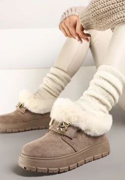 Ciemnobeżowe Śniegowce na Platformie Ozdobione Aplikacją 3D i Futrem Cediona