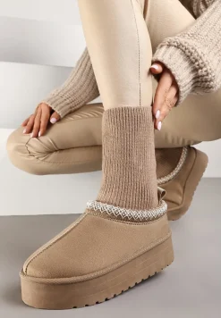 Ciemnobeżowe Śniegowce na Platformie z Ozdobną Dopasowaną Cholewką i Haftowanymi Obszyciami Tinnacilia