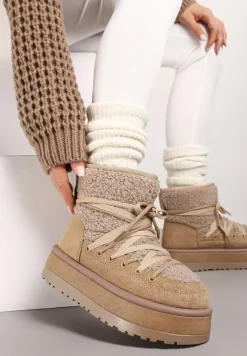 Ciemnobeżowe Śniegowce na Platformie Ozdobione Sznurowaniem Sinessia