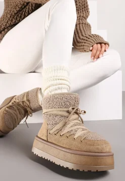 Ciemnobeżowe Śniegowce na Platformie Ozdobione Sznurowaniem Sinessia