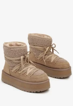 Ciemnobeżowe Śniegowce na Platformie Ozdobione Sznurowaniem Sinessia