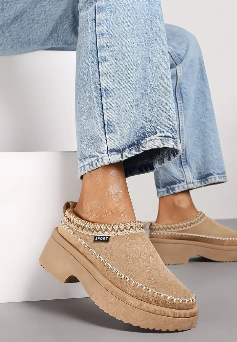 Ciemnobeżowe Śniegowce na Platformie z Ozdobnym Haftem Corettia