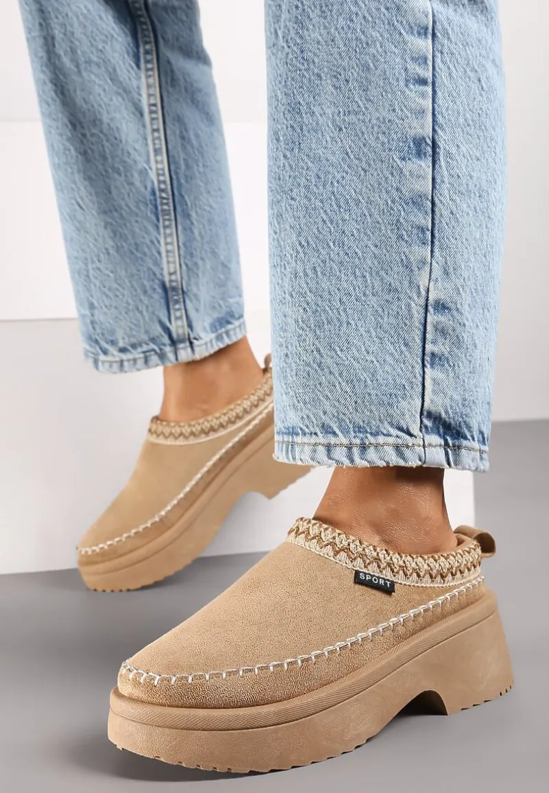 Ciemnobeżowe Śniegowce na Platformie z Ozdobnym Haftem Corettia