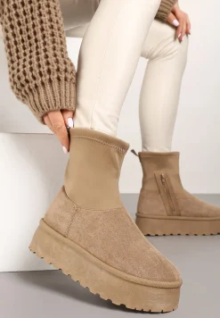 Ciemnobeżowe Śniegowce na Platformie z Elastyczną Cholewką Linnastra